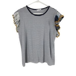 THML Coquette Top M Womens Blue Striped Lace Detail Stretch Cottage Core Casual